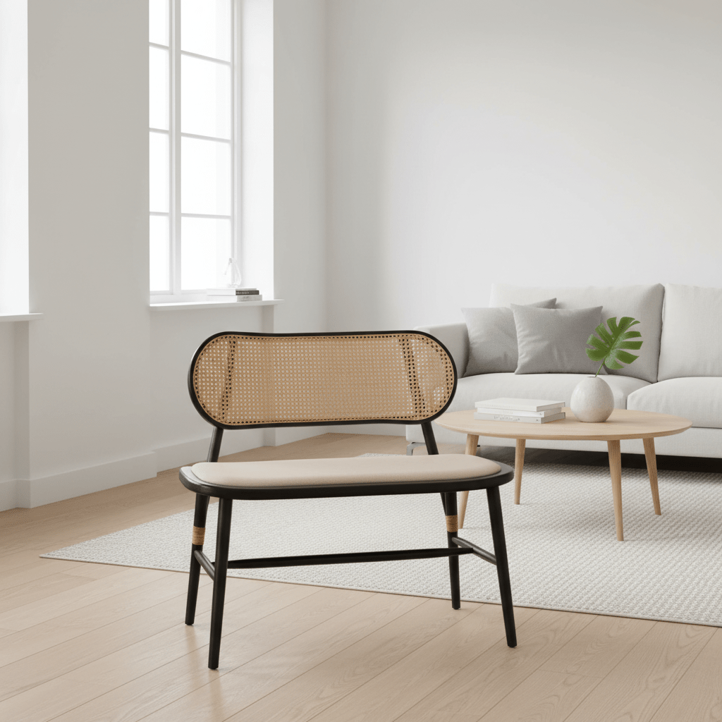 Cebu Natural Cane Bench with Black Elm Wood Frame