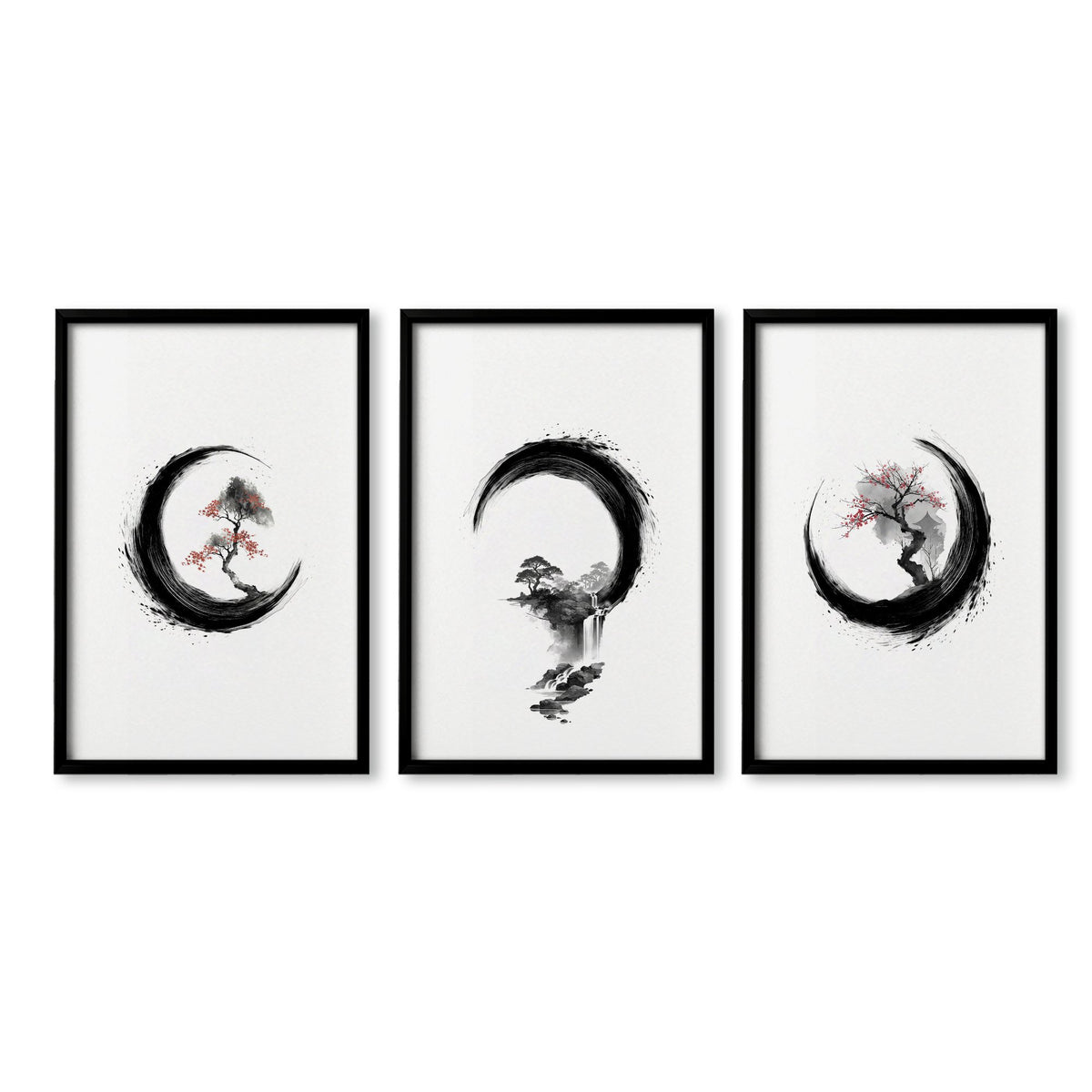 Cherry Blossom Painting Japandi Enso Circle Ink Art in a black frame