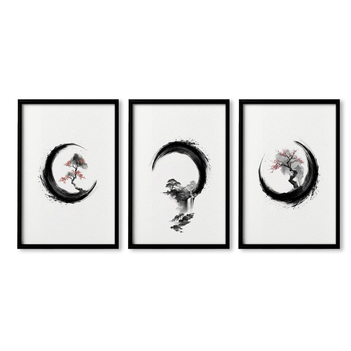 Cherry Blossom Painting Japandi Enso Circle Ink Art | Set of 3