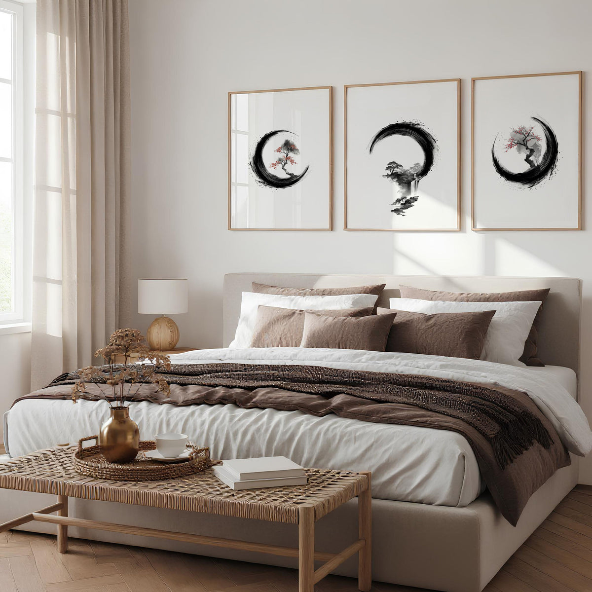 Cherry Blossom Painting Japandi Enso Circle Ink Art | Set of 3