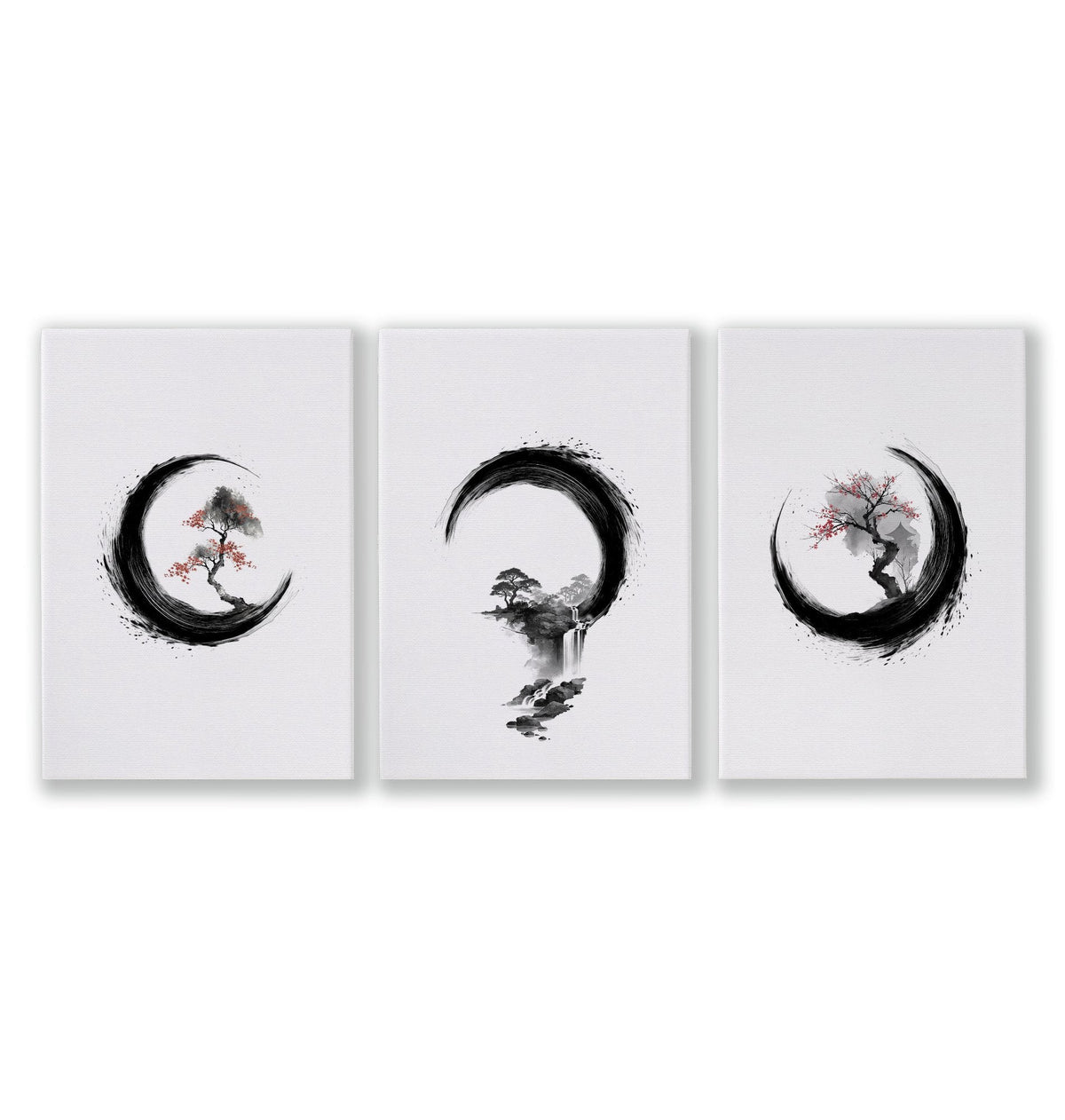 Cherry Blossom Painting Japandi Enso Circle Ink Art | Set of 3