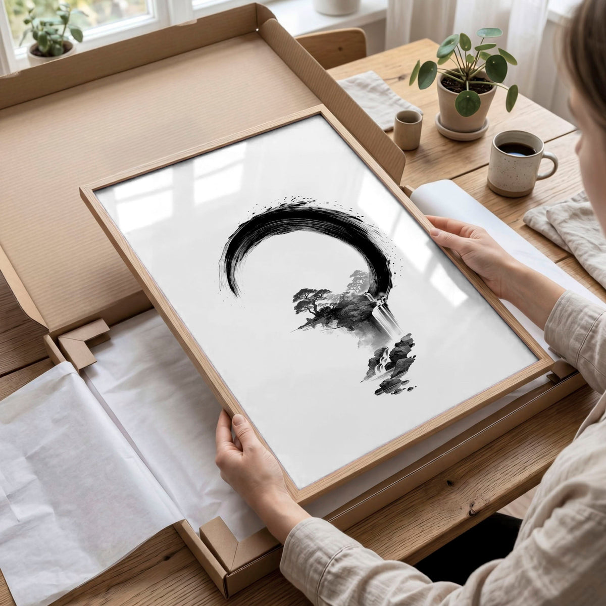 Cherry Blossom Painting Japandi Enso Circle Ink Art | Set of 3