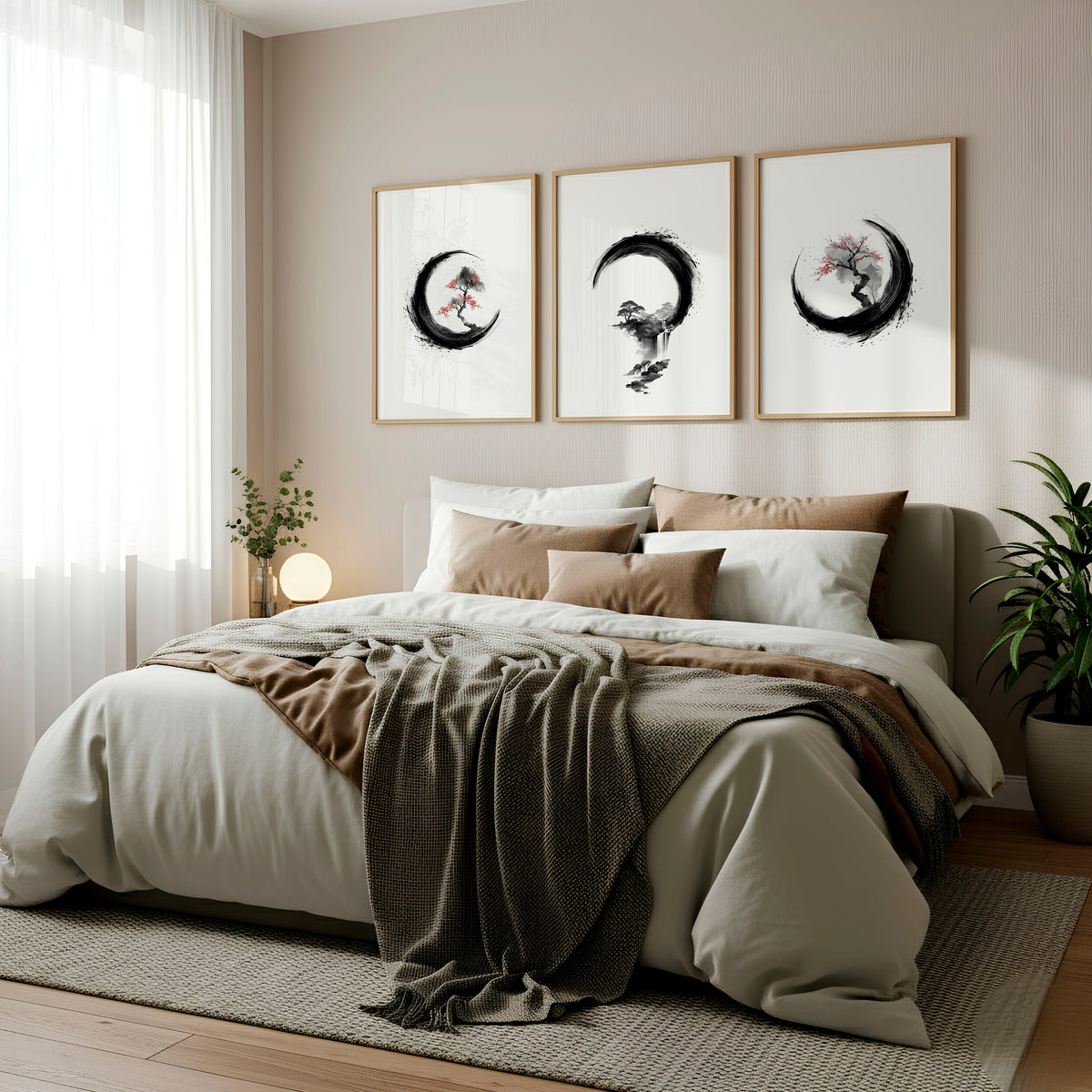 Cherry Blossom Painting Japandi Enso Circle Ink Art | Set of 3