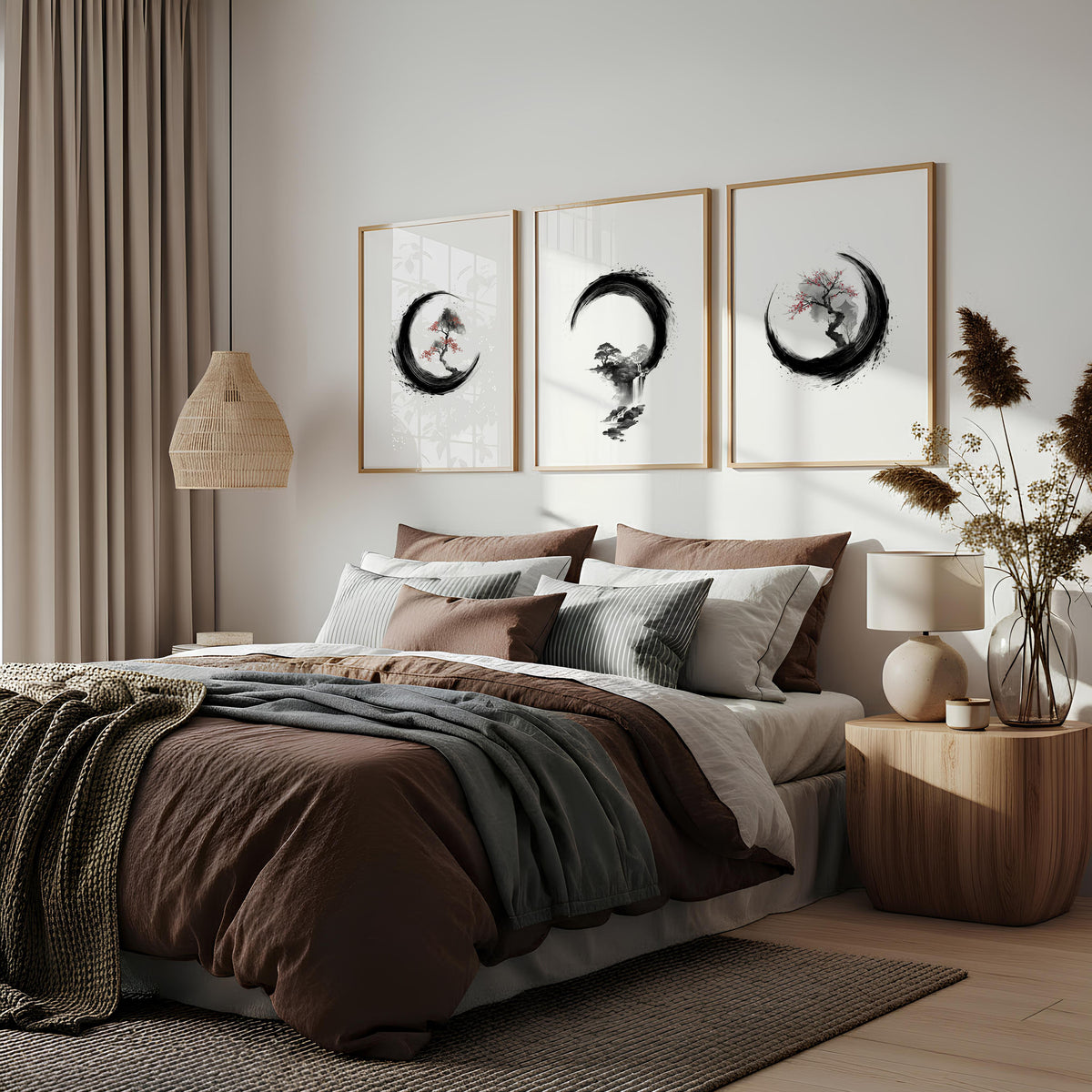 Cherry Blossom Painting Japandi Enso Circle Ink Art displayed on a wall in a styled room — view 2