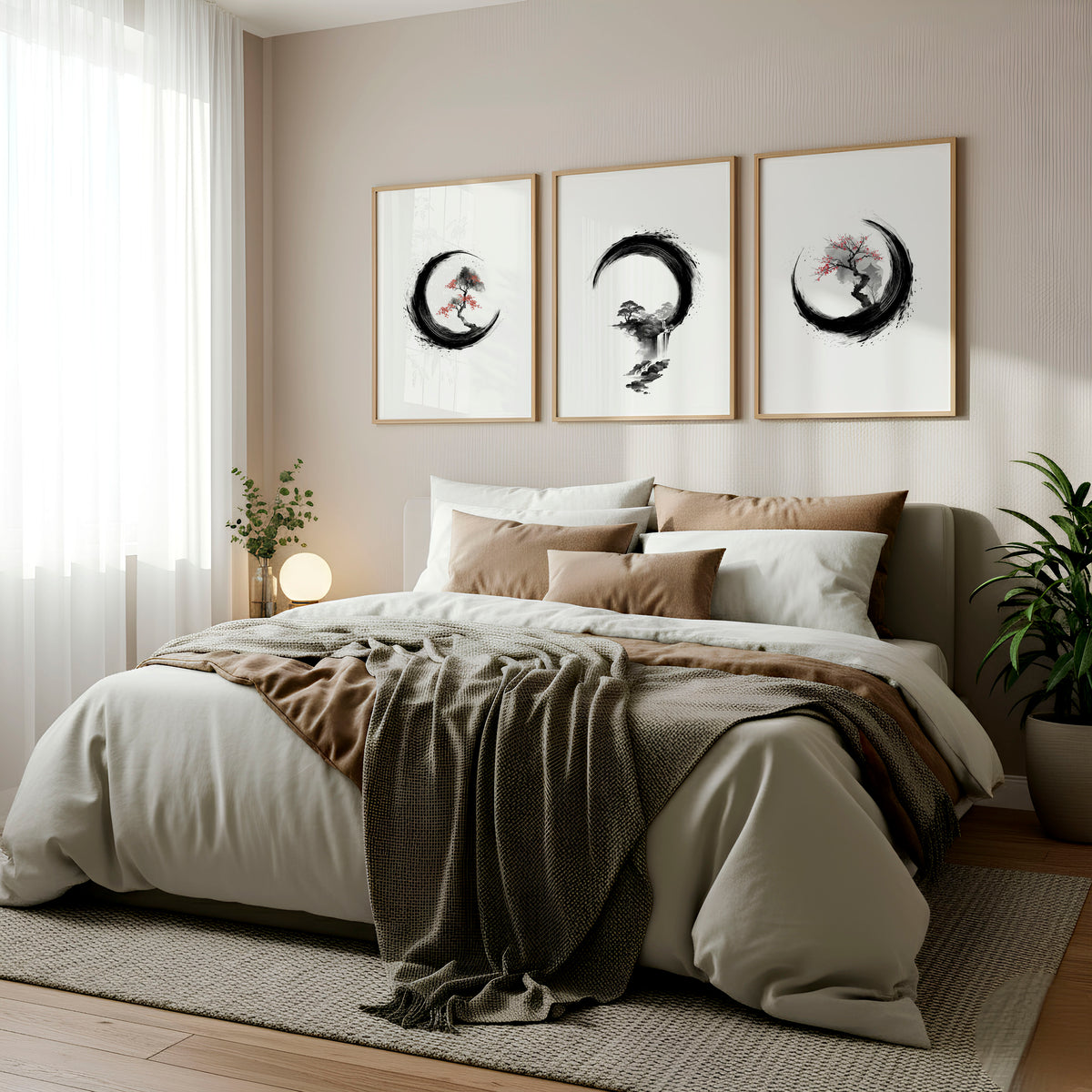 Cherry Blossom Painting Japandi Enso Circle Ink Art displayed on a wall in a styled room — view 3