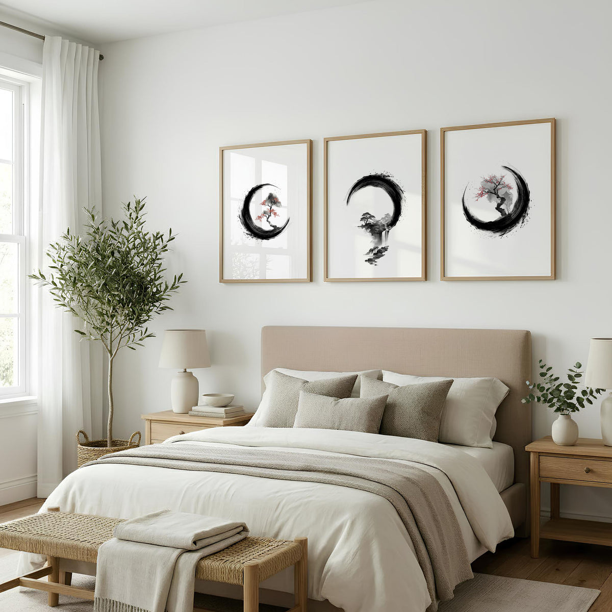 Cherry Blossom Painting Japandi Enso Circle Ink Art displayed on a wall in a styled room — view 6