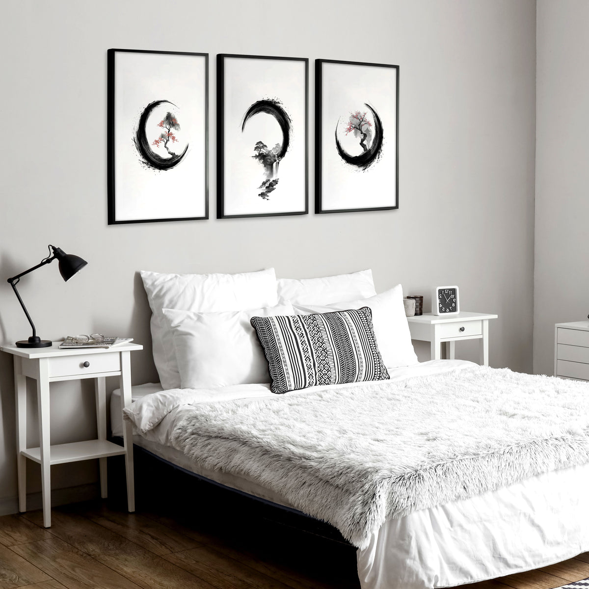 Cherry Blossom Painting Japandi Enso Circle Ink Art displayed on a wall in a styled room — view 8