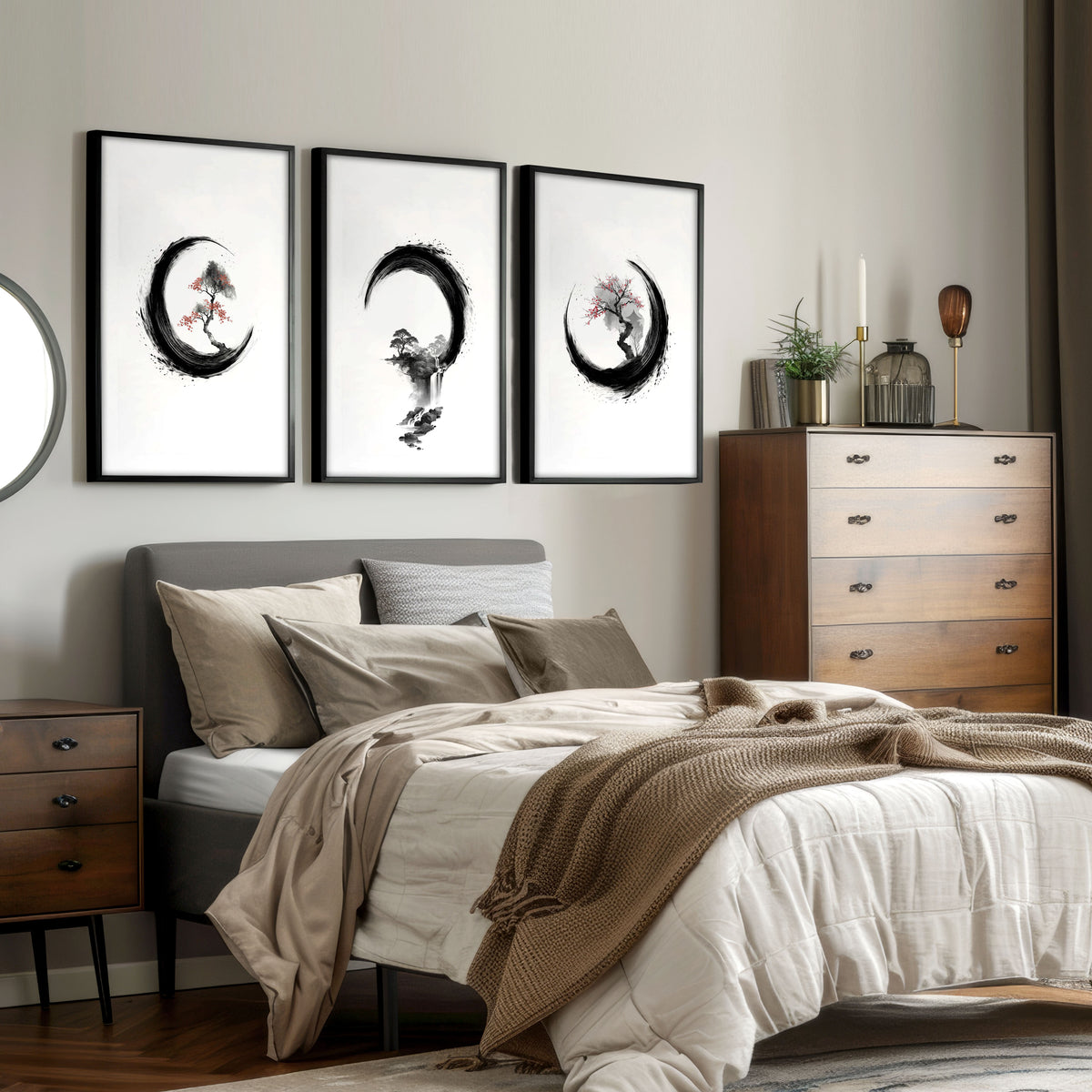 Cherry Blossom Painting Japandi Enso Circle Ink Art displayed on a wall in a styled room — view 9