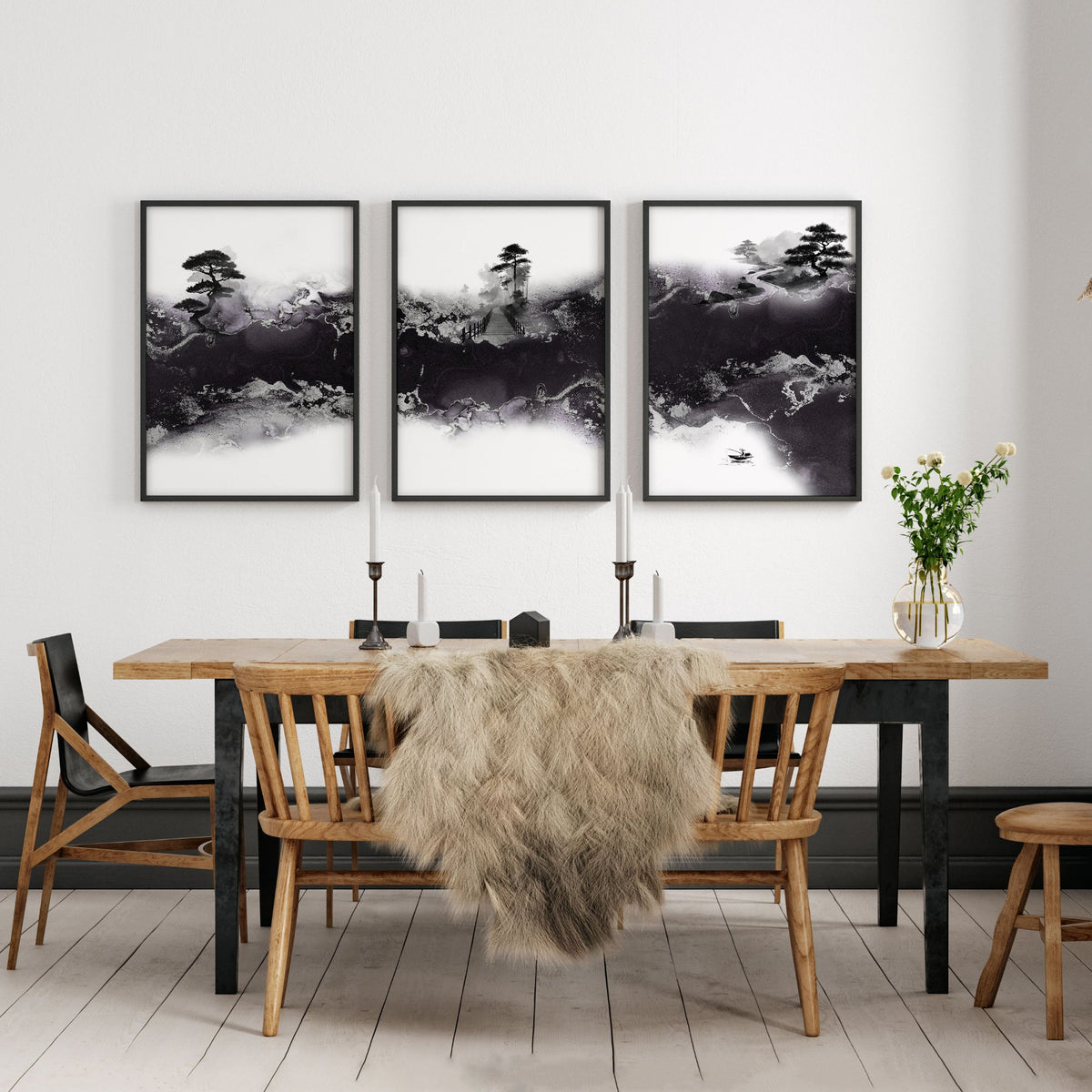 Chinese Artwork Ink Landscape Bonsai & Misty Mountains wall art displayed on a wall in a styled room