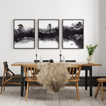Chinese Artwork Ink Landscape Bonsai & Misty Mountains wall art displayed on a wall in a styled room