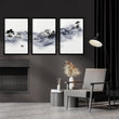 Chinese Artwork Ink Wash Landscape with Fisherman & Pagoda wall art displayed on a wall in a styled room