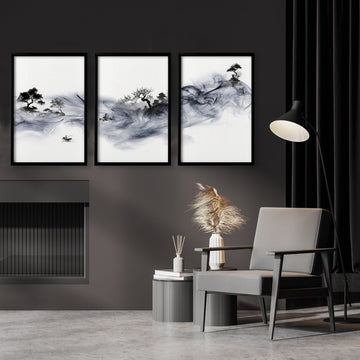 Chinese Artwork Ink Wash Landscape with Fisherman & Pagoda wall art displayed on a wall in a styled room