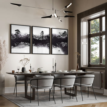 Chinese Artwork Ink Landscape Bonsai & Misty Mountains wall art displayed on a wall in a styled room — view 2
