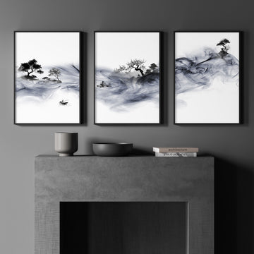 Chinese Artwork Ink Wash Landscape with Fisherman & Pagoda wall art displayed on a wall in a styled room — view 2