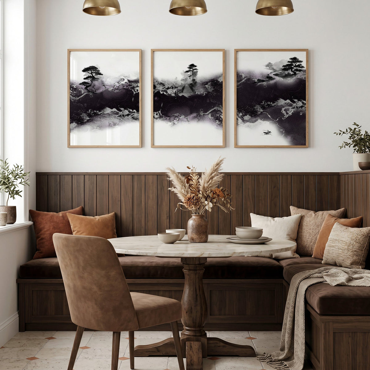 Chinese Artwork Ink Landscape Bonsai & Misty Mountains wall art displayed on a wall in a styled room — view 5