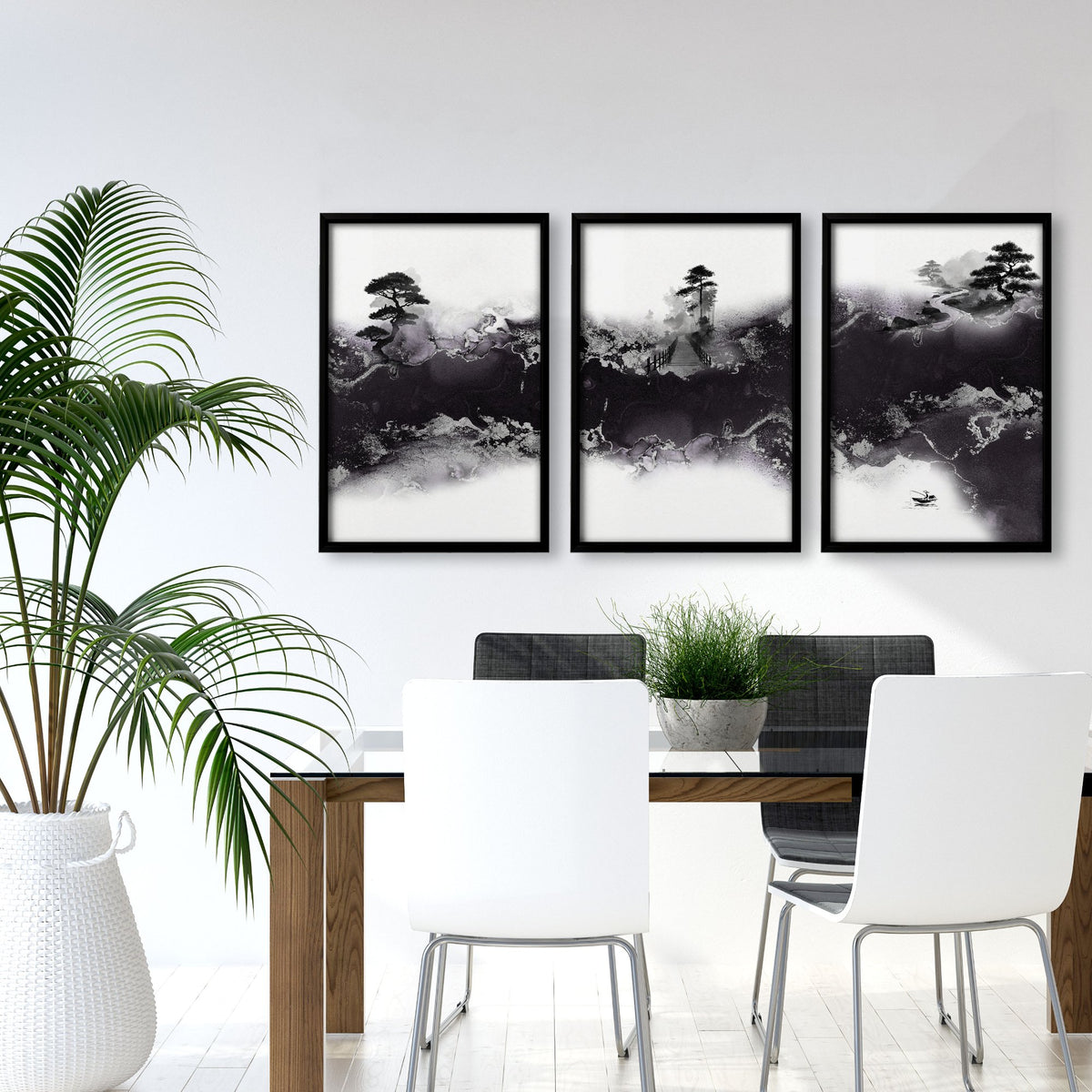 Chinese Artwork Ink Landscape Bonsai & Misty Mountains wall art displayed on a wall in a styled room — view 6