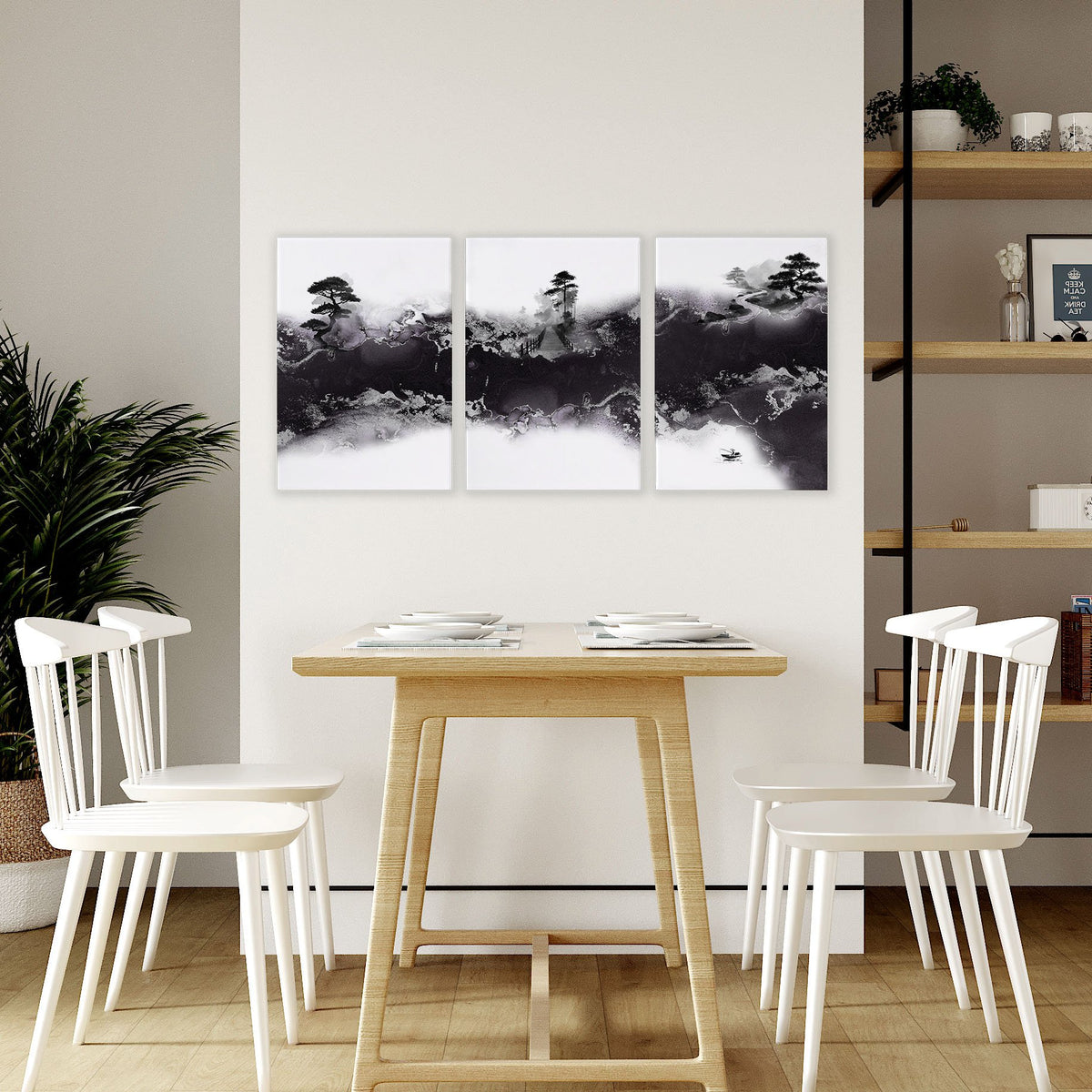 Chinese Artwork Ink Landscape Bonsai & Misty Mountains wall art displayed on a wall in a styled room — view 7