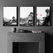 Chinese Wall Art Black & White Ink Landscape Red Sun Japandi displayed on a wall in a styled room