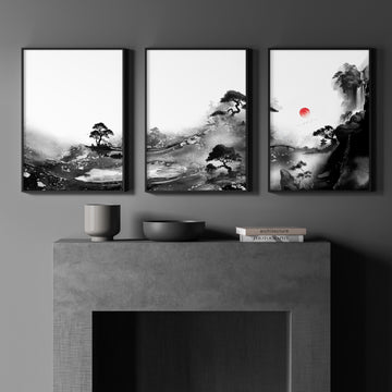 Chinese Wall Art Black & White Ink Landscape Red Sun Japandi displayed on a wall in a styled room