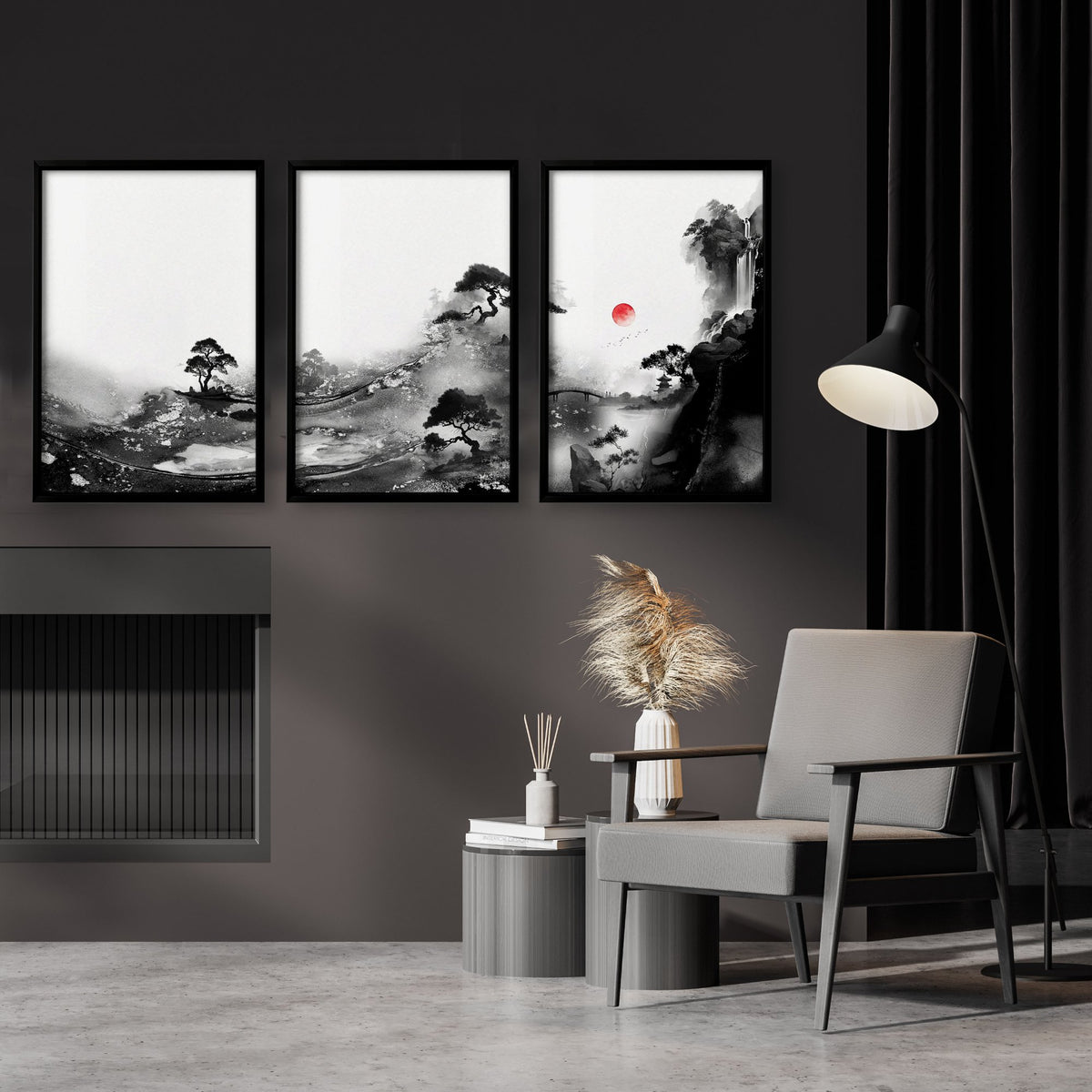 Chinese Wall Art Black & White Ink Landscape Red Sun Japandi displayed on a wall in a styled room — view 2