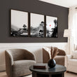Chinese Wall Art Black & White Ink Landscape Red Sun Japandi displayed on a wall in a styled room — view 3