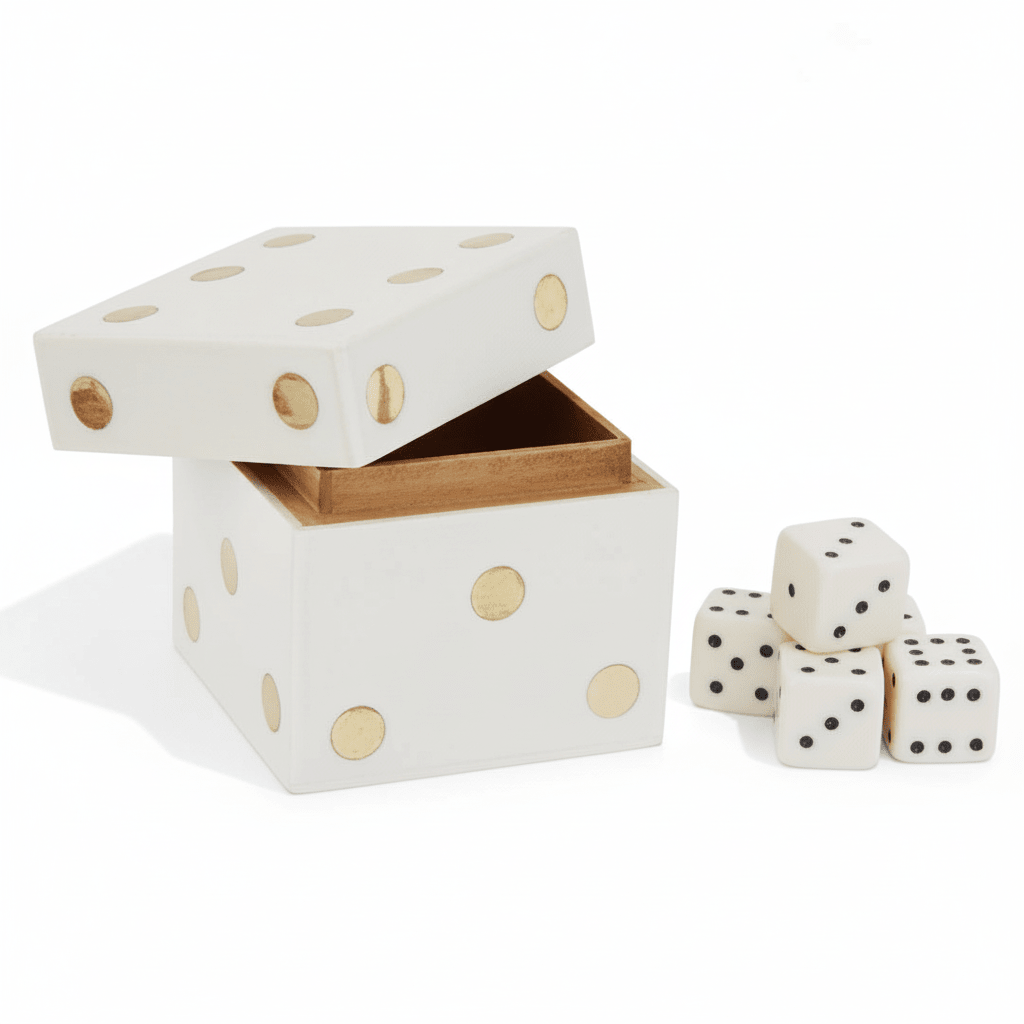 Churchill Games White and Gold Dice Box with Five White Dice