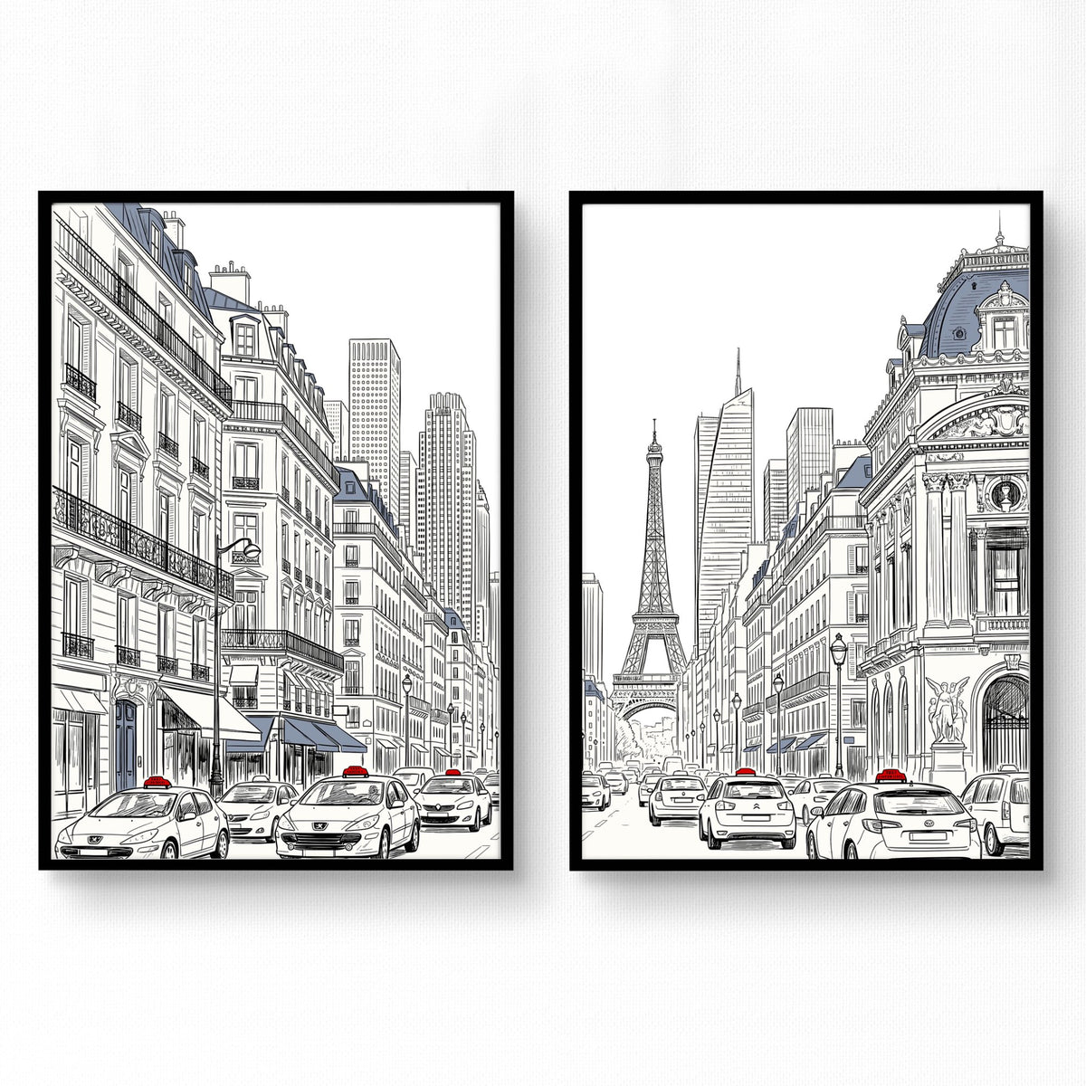 City Wall Art Paris Street Scenes with Eiffel Tower Line Drawing in a black frame