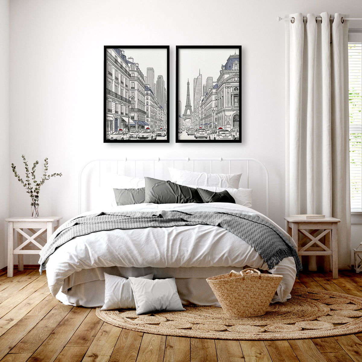 City Wall Art Paris Street Scenes with Eiffel Tower Line Drawing displayed on a wall in a styled room — view 2