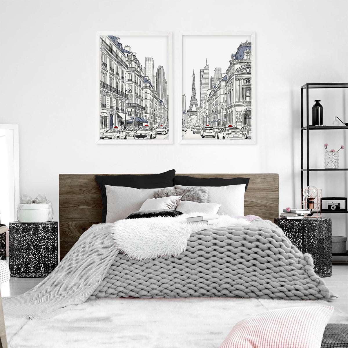 City Wall Art Paris Street Scenes with Eiffel Tower Line Drawing displayed on a wall in a styled room — view 5