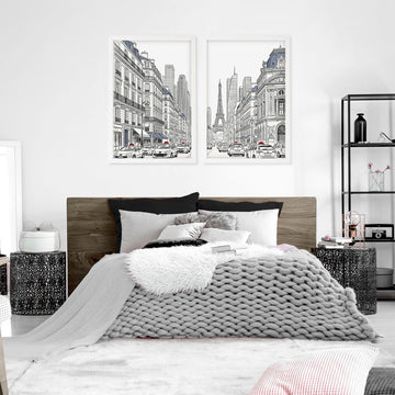 City Wall Art Paris Street Scenes with Eiffel Tower Line Drawing displayed on a wall in a styled room — view 5