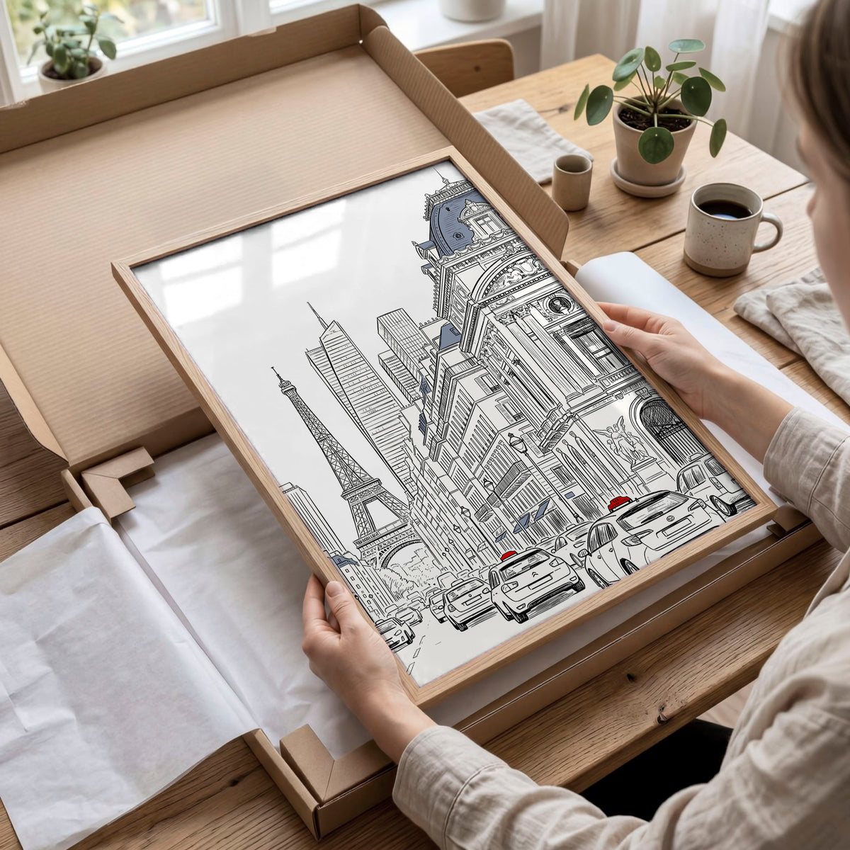 City Wall Art Paris Street Scenes with Eiffel Tower Line Drawing displayed on a wall in a styled room — view 6