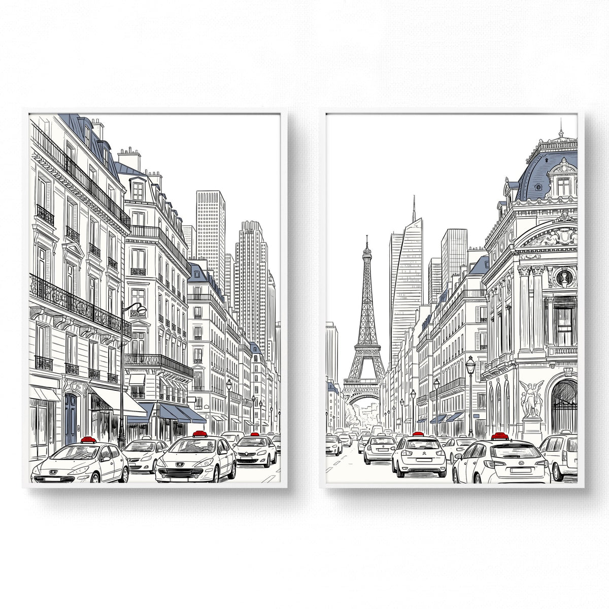 City Wall Art Paris Street Scenes with Eiffel Tower Line Drawing | Set of 2