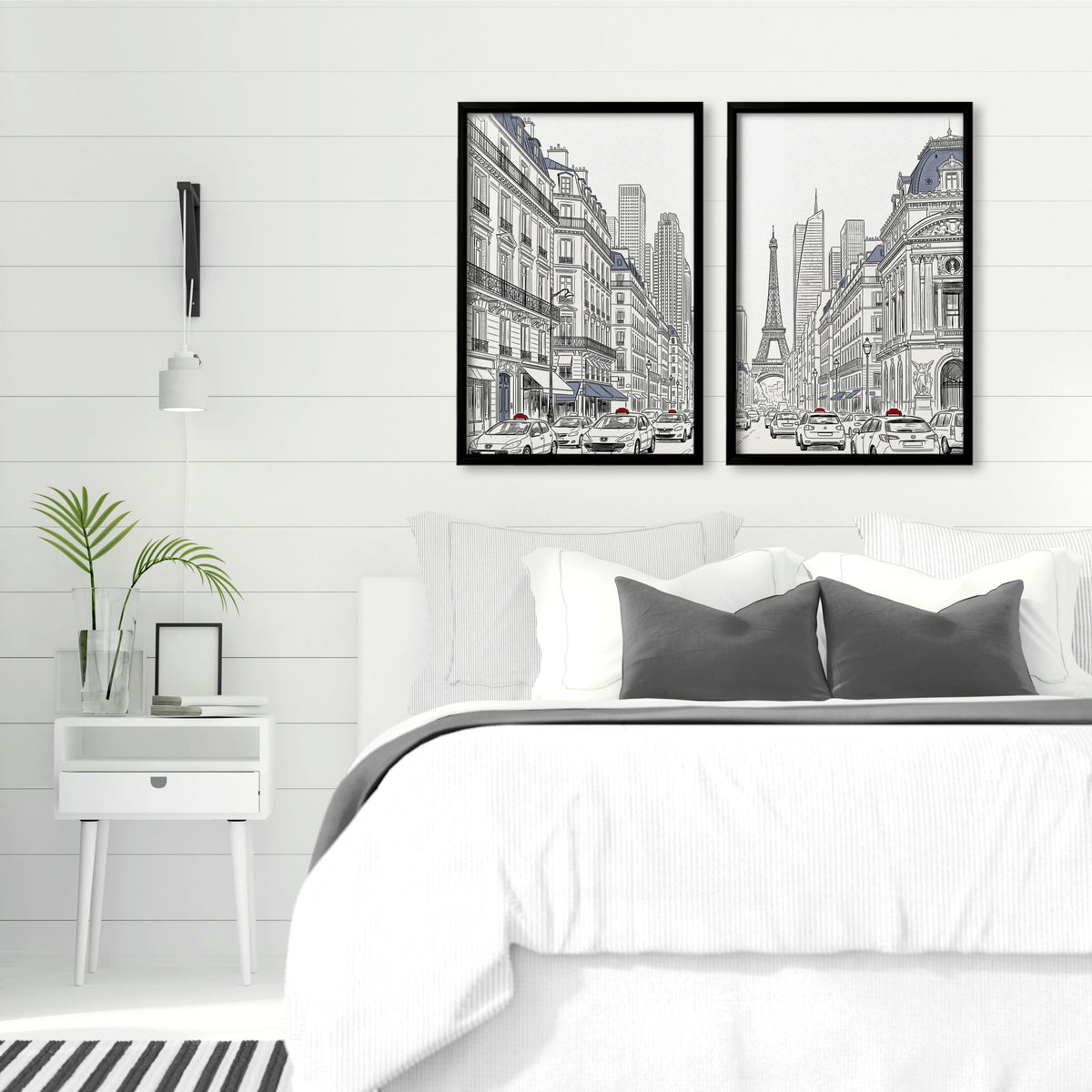 City Wall Art Paris Street Scenes with Eiffel Tower Line Drawing | Set of 2