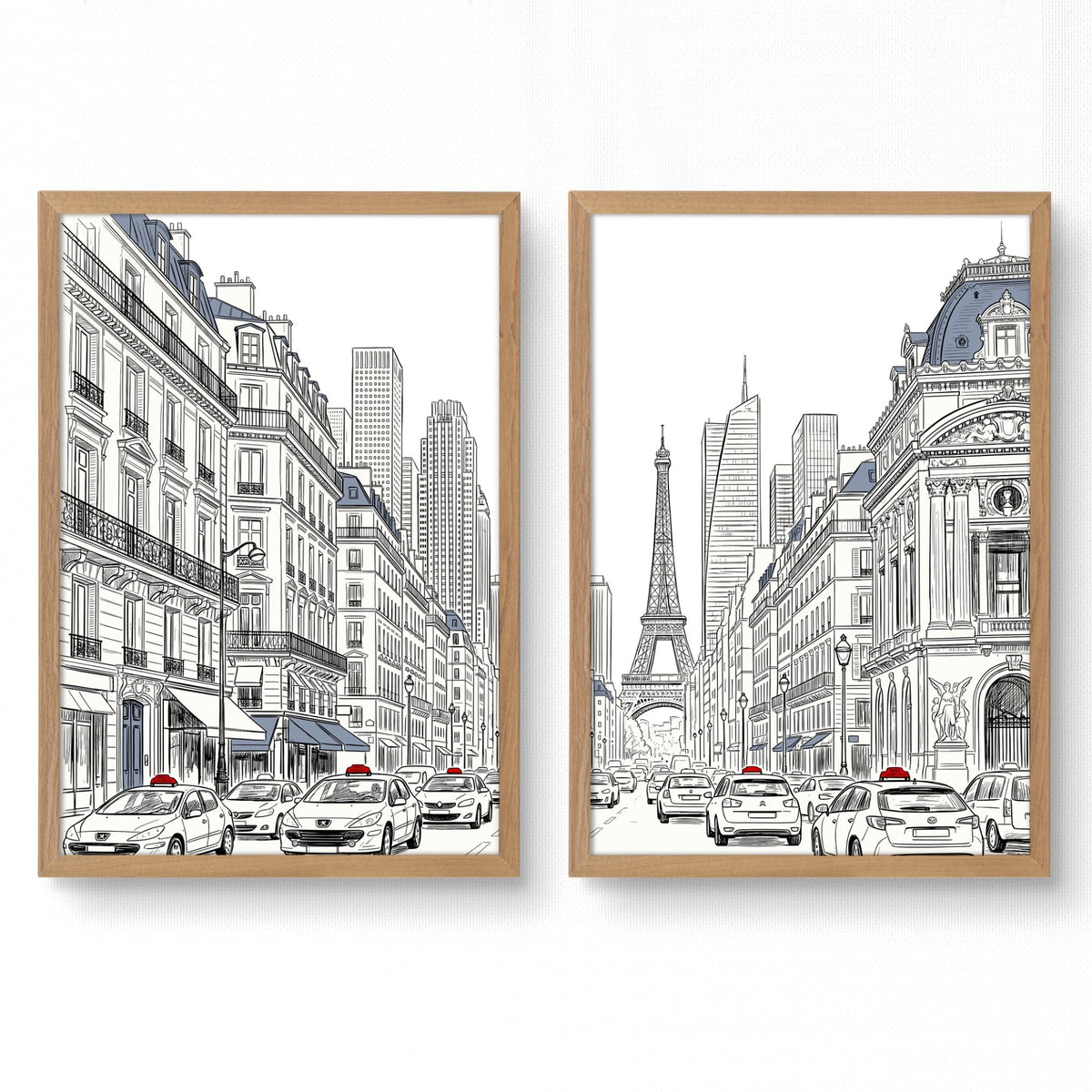 City Wall Art Paris Street Scenes with Eiffel Tower Line Drawing | Set of 2