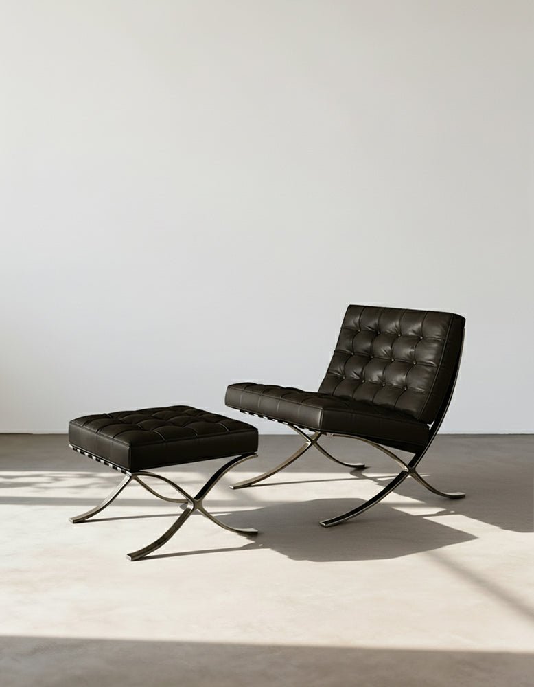 Classic Modern Barcelona Chair And Footstool, Black Leather