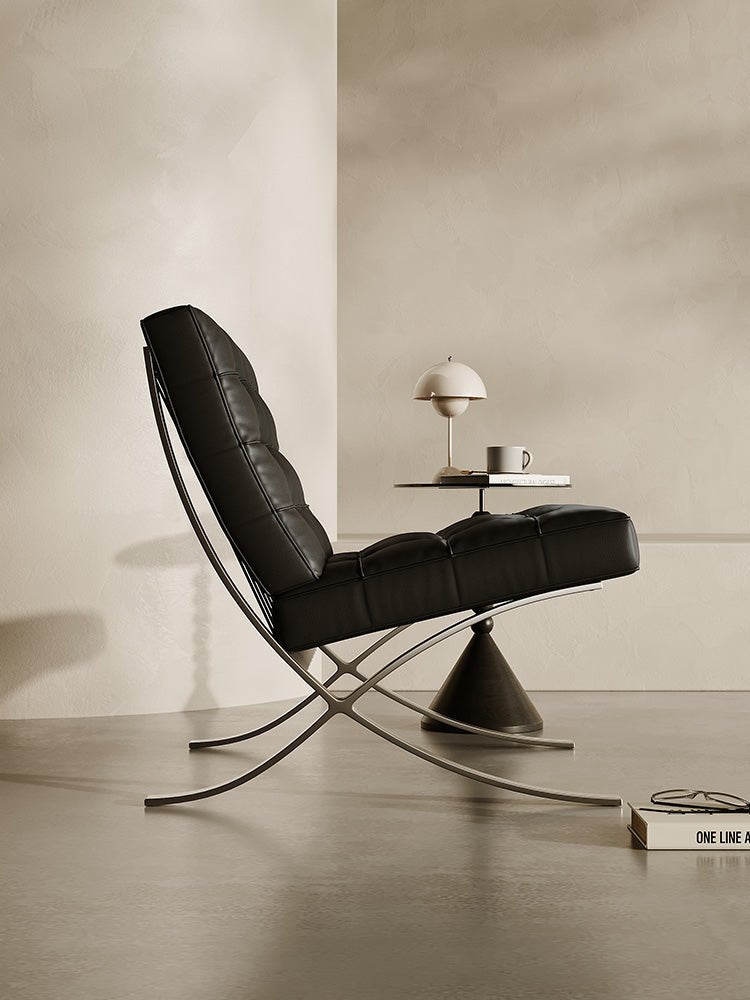Classic Modern Barcelona Chair And Footstool, Black Leather