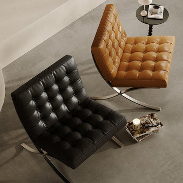 Classic Modern Barcelona Chair And Footstool, Black Leather