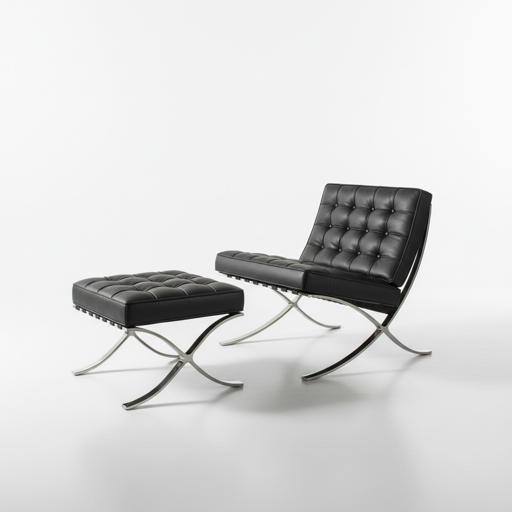 Classic Modern Barcelona Chair And Footstool, Black Leather