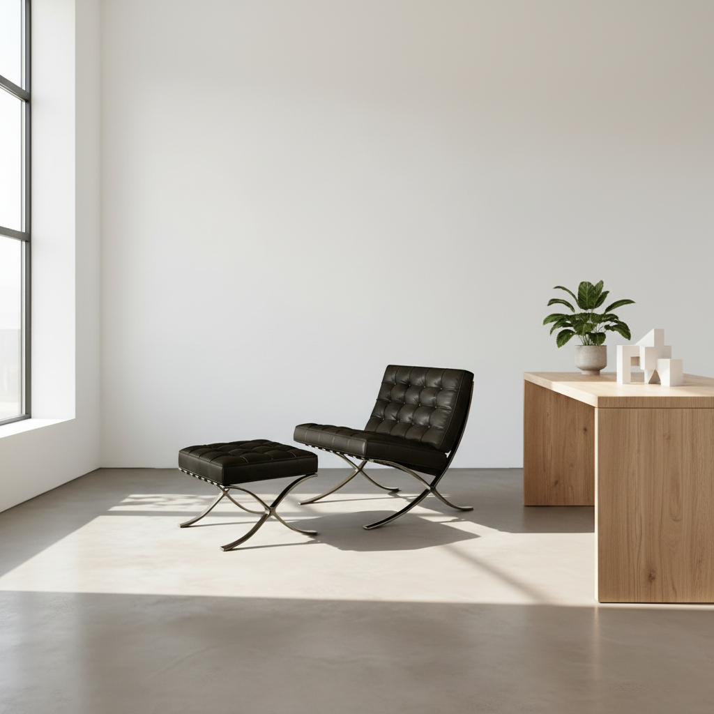 Classic Modern Barcelona Chair And Footstool, Black Leather