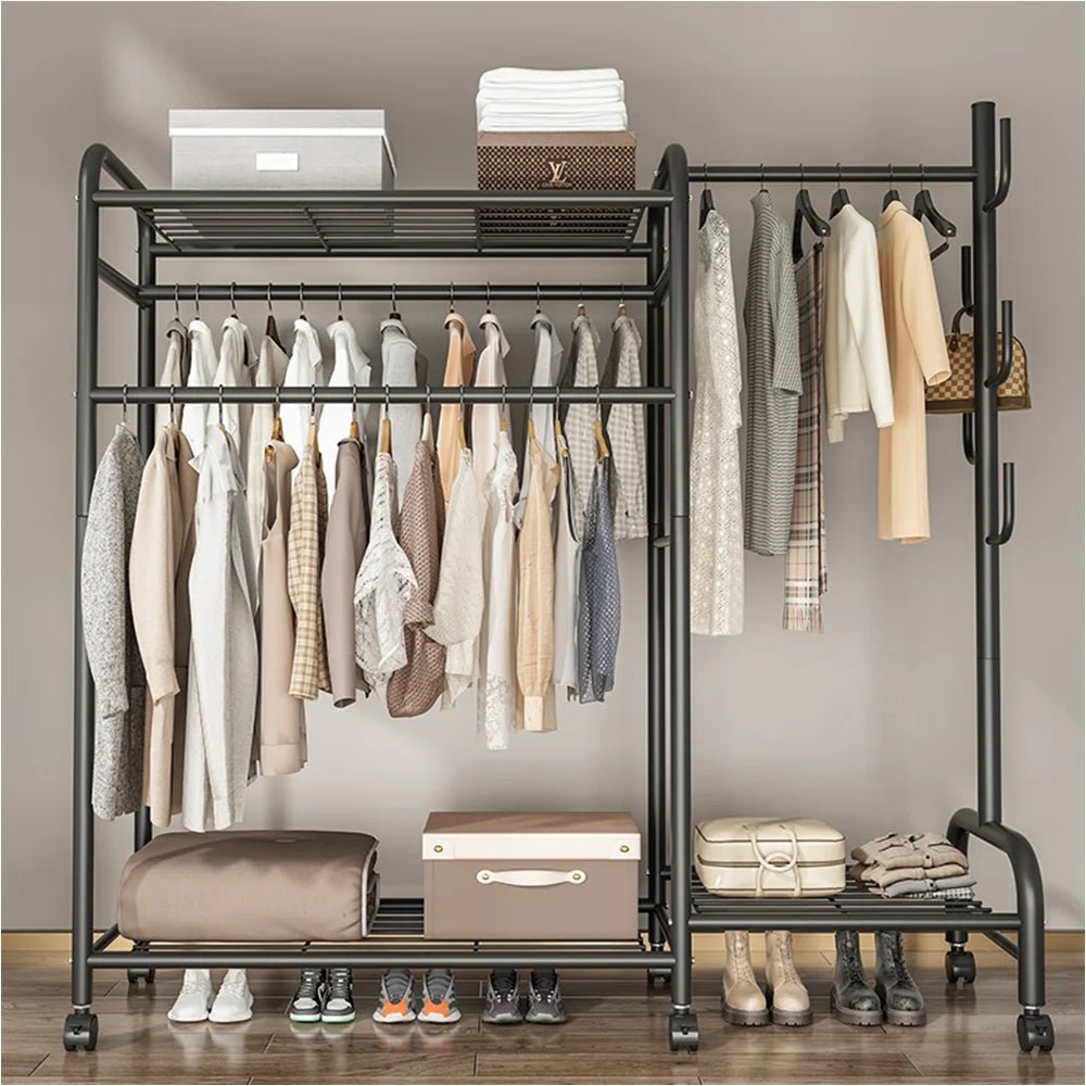 Coat Rack Movable Double Tier - Floor Standing Clothes Rail with Wheels for Bedroom Storage