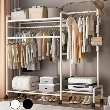 Coat Rack Movable Double Tier - Floor Standing Clothes Rail with Wheels for Bedroom Storage