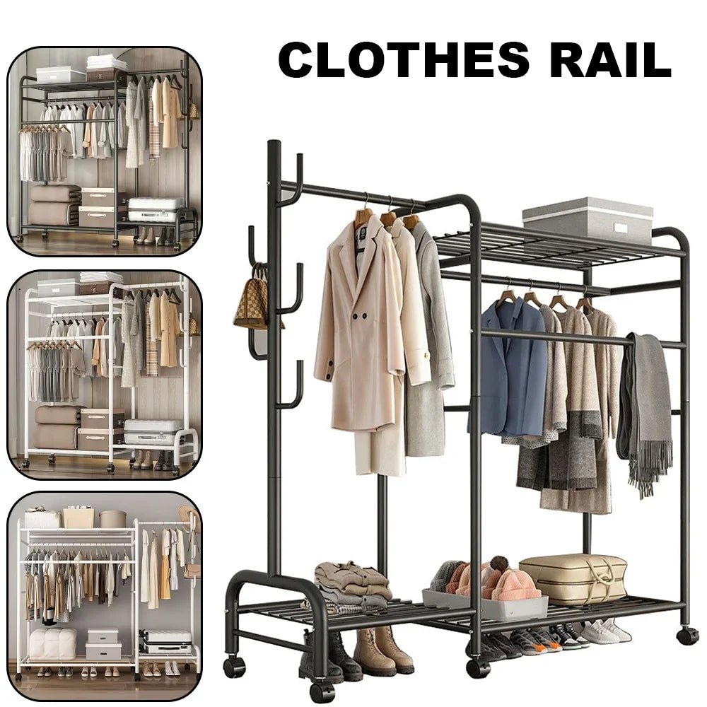Coat Rack Movable Double Tier - Floor Standing Clothes Rail with Wheels for Bedroom Storage