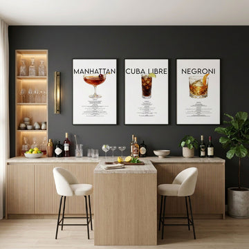 Cocktail Bar Wall Art "Manhattan, Cuba Libre & Negroni" Recipe wall art displayed on a wall in a styled room