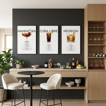 Cocktail Bar Wall Art "Manhattan, Cuba Libre & Negroni" Recipe wall art displayed on a wall in a styled room — view 2