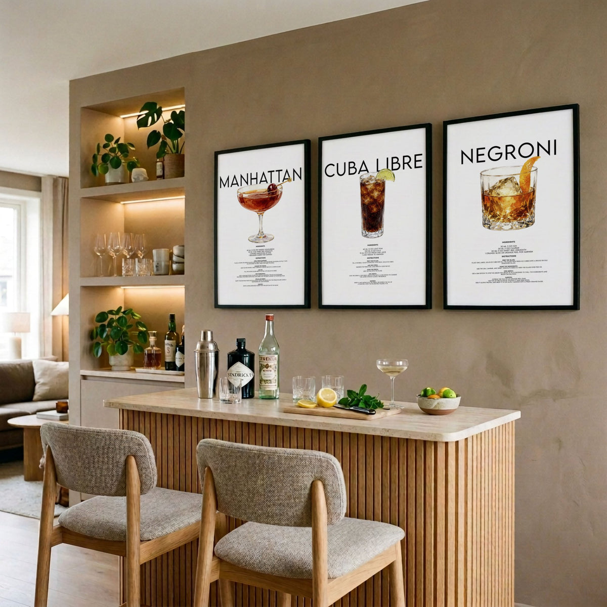 Cocktail Bar Wall Art "Manhattan, Cuba Libre & Negroni" Recipe wall art displayed on a wall in a styled room — view 3