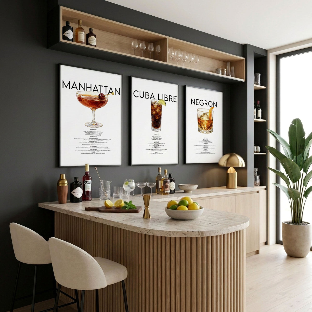 Cocktail Bar Wall Art "Manhattan, Cuba Libre & Negroni" Recipe wall art displayed on a wall in a styled room — view 5