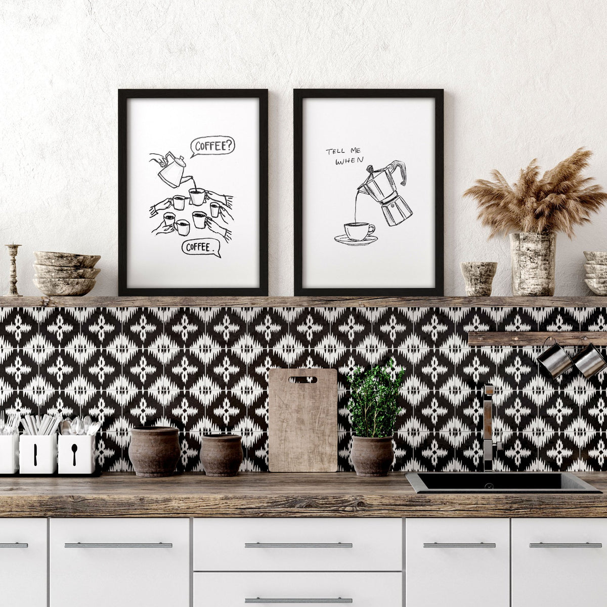 Coffee wall art "Coffee? / Tell Me When" Black & White Sketch Kitchen wall art displayed on a wall in a styled room