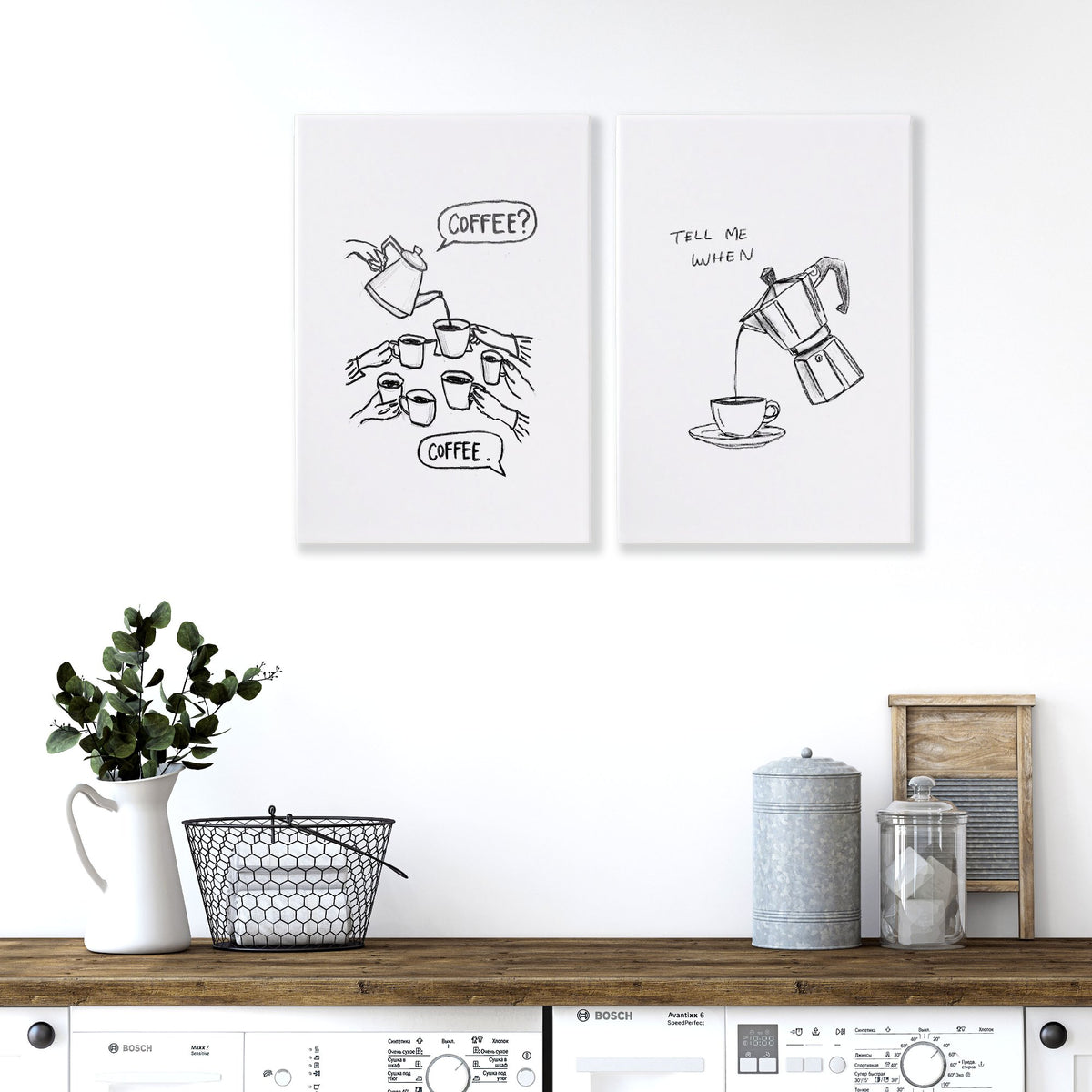 Coffee wall art "Coffee? / Tell Me When" Black & White Sketch Kitchen wall art displayed on a wall in a styled room — view 3