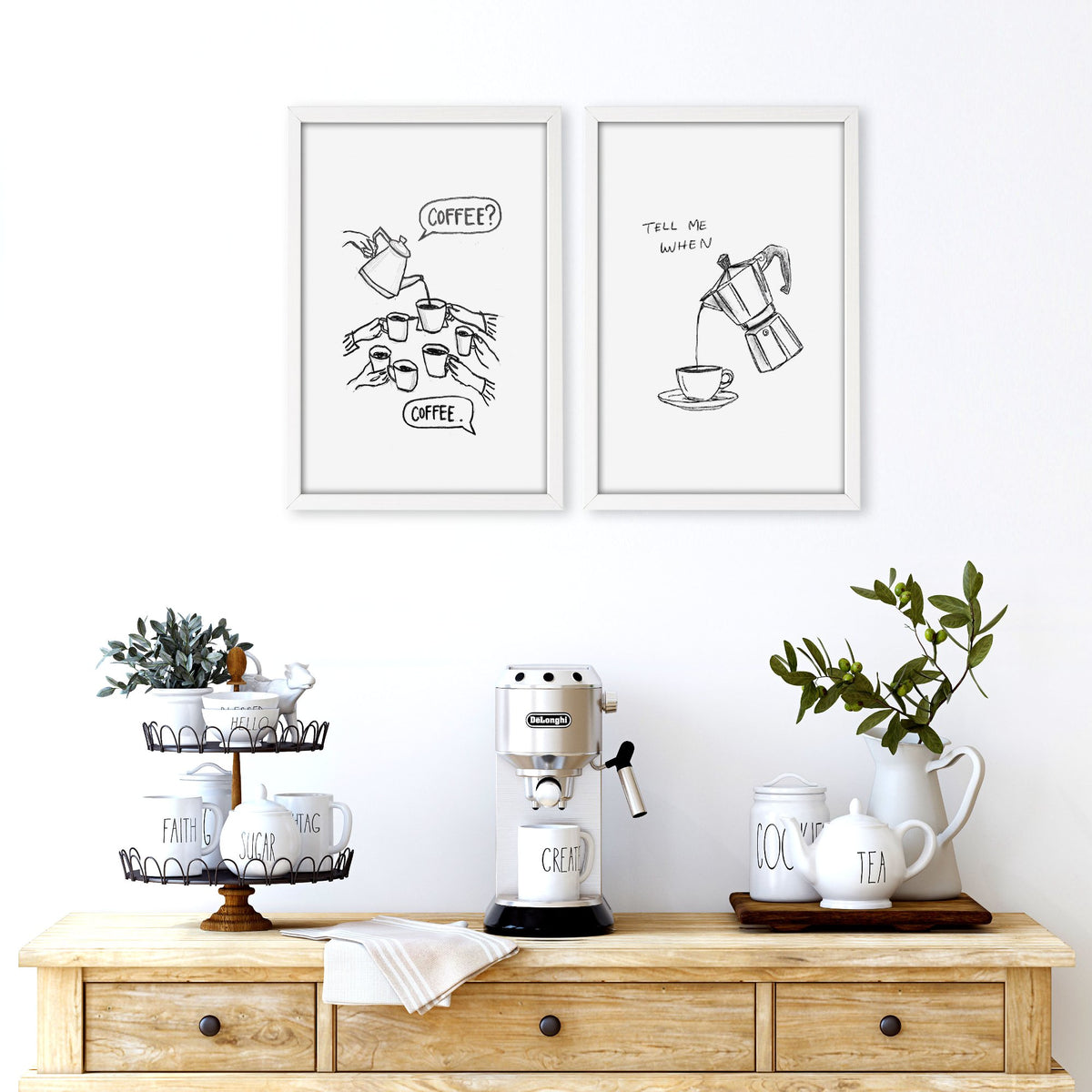 Coffee wall art "Coffee? / Tell Me When" Black & White Sketch Kitchen wall art displayed on a wall in a styled room — view 4