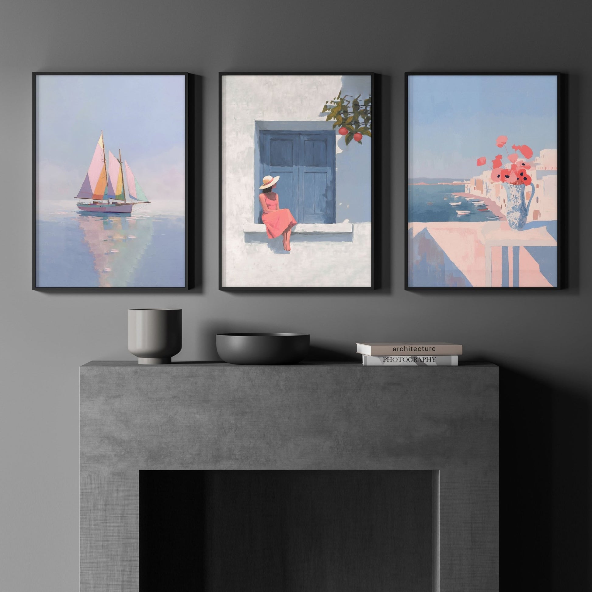 Colorful Living Room Walls | Set of 3 Italian Lifestyle Wall art Prints